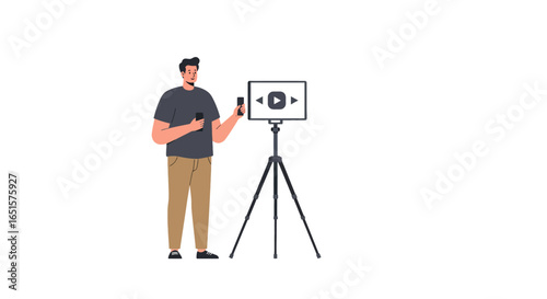 A male vlogger character in a flat illustration style, holding a smartphone and recording a video on a tripod-mounted camera.