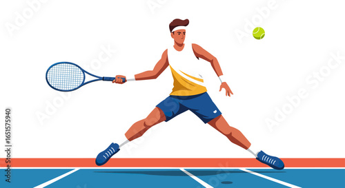 Dynamic vector illustration of a male tennis player in sportswear lunging to hit a forehand.