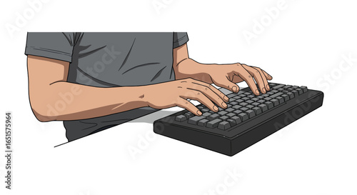Comic style illustration of a person in a grey t-shirt typing on a black keyboard.