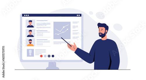 Bearded Man Giving Online Presentation,  Illustrative Style