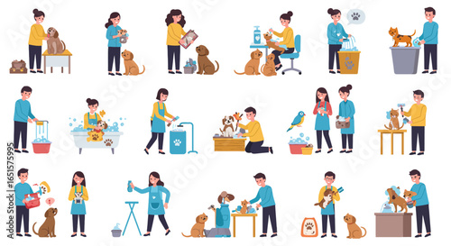 Pet Grooming Services: Cartoon People Grooming Dogs and Cats, Vector Set