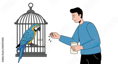 A kind young man in a blue sweater feeding seeds to a beautiful blue-and-yellow macaw in a cage.