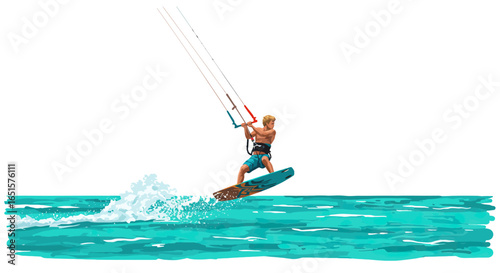 Dynamic vector illustration of a male kitesurfer in action on a turquoise board.