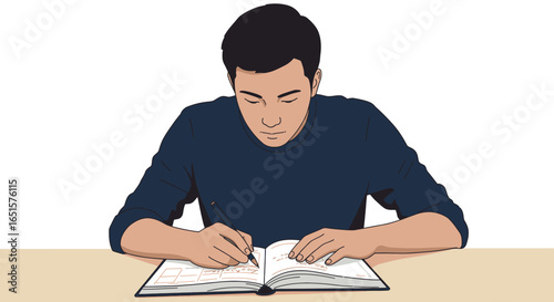 Focused young man with black hair in a blue shirt diligently writing in a notebook.