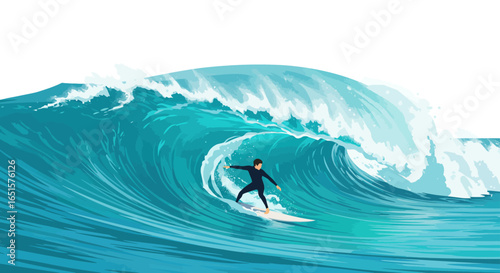 Stylized illustration of a surfer in a black wetsuit riding a large, curling turquoise ocean wave.