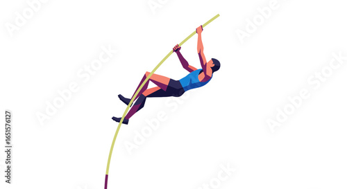 Geometric illustration of a male pole vaulter in mid-air, wearing a blue top and black shorts.