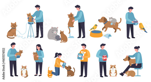 People and Pets Illustration Set: Owners Caring for Cats, Dogs, Hamsters, and Birds