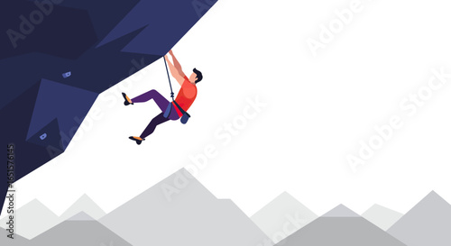 A determined male rock climber in colorful gear scaling a steep, dark, geometric cliff face.