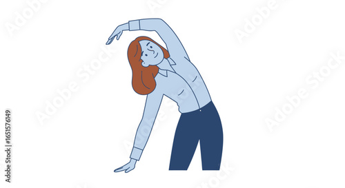 Minimalist illustration of a smiling woman in office clothes doing a standing side bend stretch.