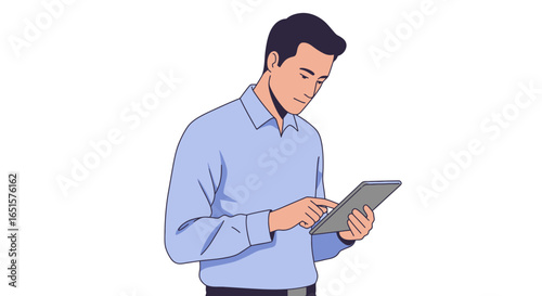 Focused young man with dark hair in a blue collared shirt interacting with a digital tablet.