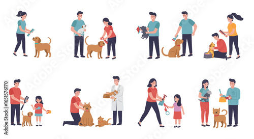 A collection of flat vector illustrations showing people caring for their pets, including feeding, grooming, and playing with dogs and cats.