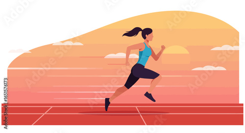 Athletic woman with a ponytail in blue sportswear running on a red stadium track.