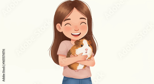 Joyful cartoon girl with long brown hair smiling and hugging her fluffy guinea pig pet.