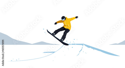 Snowboarder in a bright yellow jacket and black gear performing a dynamic mid-air jump.