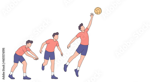 Three-step motion sequence of a male volleyball player in a red shirt jumping to spike the ball.