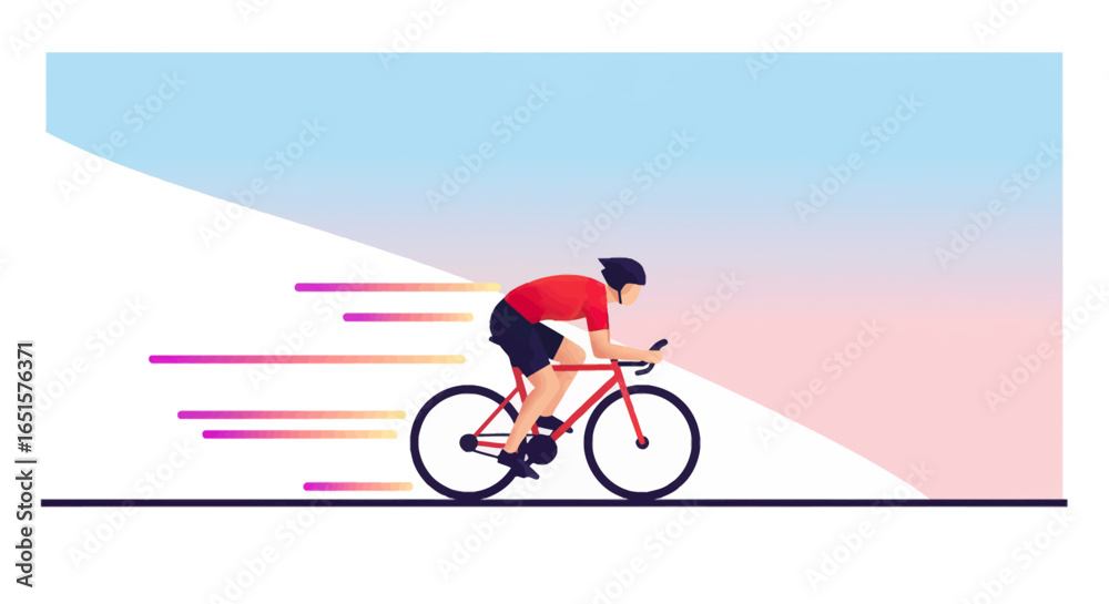 Fototapeta premium A cyclist in a red jersey and black helmet rides a bicycle with colorful speed trails.