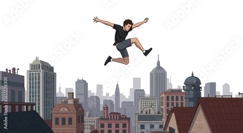 Dynamic cartoon illustration of a young man in a black shirt and grey shorts performing a mid-air parkour jump with arms outstretched.