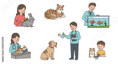 Charming hand-drawn illustration set of veterinarians and owners caring for various pets.