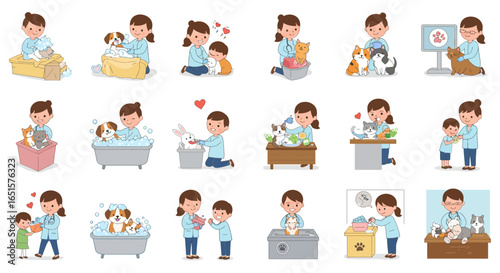 Set of cute cartoon illustrations of a veterinarian and people caring for pets, including bathing, feeding, and checkups.