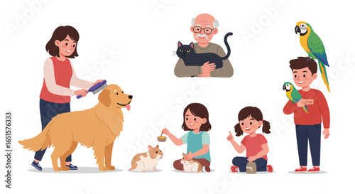 Set of diverse people caring for their pets: a woman grooming a dog, a man with a cat, and kids with parrots and hamsters.