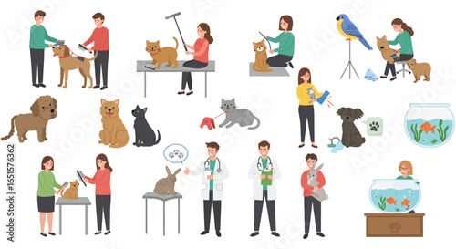 Flat Illustration Set of Diverse Pet Care and Veterinary Services Activities