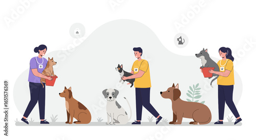 Diverse Group of People Caring for Various Dogs in a Shelter