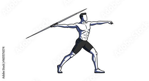 Javelin Thrower Illustration: Muscular Athlete in Action Pose, Black Shorts, White Skin