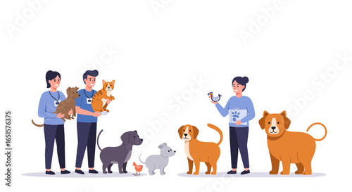 Friendly animal shelter volunteers caring for a diverse group of rescued pets, including dogs, a cat, and a chicken.