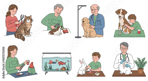 Diverse People Caring for Various Pets and Animals in Different Settings