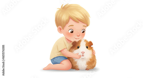 Adorable blonde boy gently hugging a fluffy brown and white guinea pig