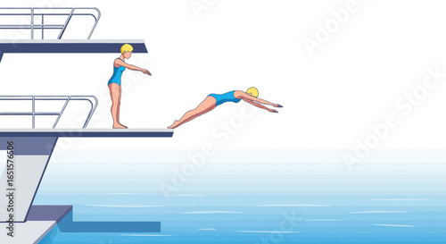 Sequence of a blonde female diver in a blue swimsuit preparing and executing a dive from a high platform.