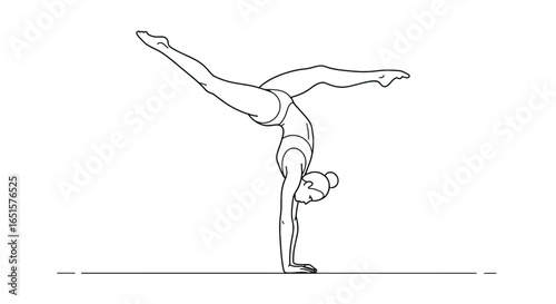 Elegant line art of a female athlete in a handstand split pose, showcasing strength and balance, with a clean, minimalist style.