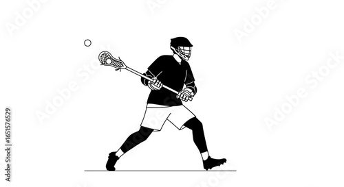 Lacrosse Player in Action with Stick and Protective Helmet