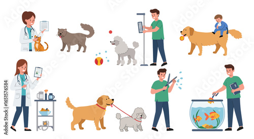 Colorful Cartoon Illustrations of Pet Care, Veterinary Visits, Grooming, Walking, and Feeding Pets