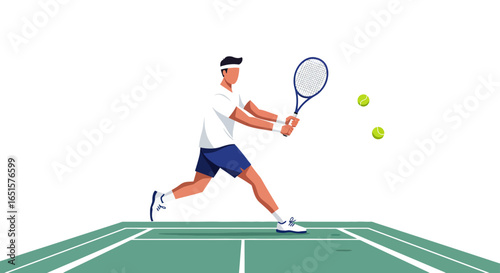 Tennis Player in Action Swinging Racket with Tennis Balls
