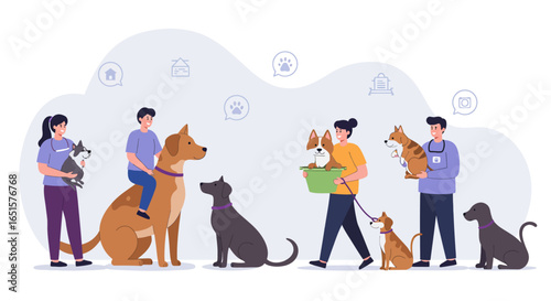 Diverse group of people caring for their pet dogs of various breeds and sizes in a flat illustration style.