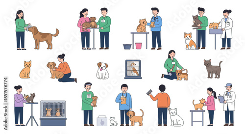 A collection of flat character illustrations showing people caring for pets at a veterinary clinic and animal shelter.