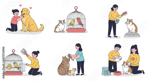 People interacting with and caring for various pets in a charming illustration