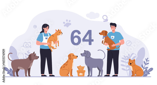 Caring people with diverse dogs, a treat box, and the number 64 in a friendly flat vector style.