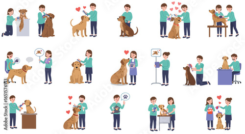 Dog grooming and pet care illustration set with people brushing, cleaning, and loving their canine companions.