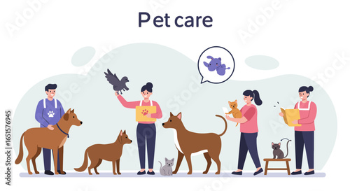Flat vector illustration of people in aprons caring for various pets, including dogs, cats, and a bird in an animal shelter scene.
