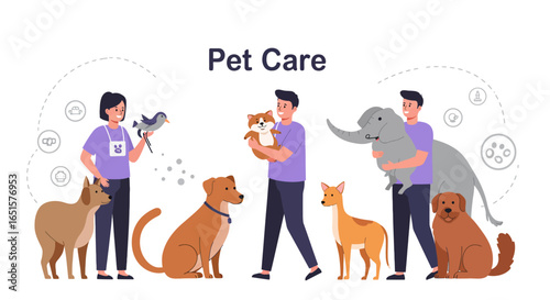 Diverse Pet Animals and People in a Pet Care Illustration, Flat Design