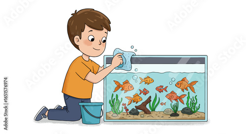 Cartoon illustration of a young boy with brown hair kneeling while cleaning a glass fish tank full of goldfish.