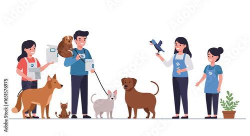 Happy volunteers and staff with diverse shelter animals including dogs, cats, and a bird.