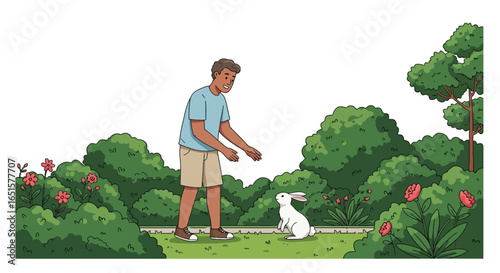 Smiling young man in a blue shirt and beige shorts reaching towards a white rabbit.