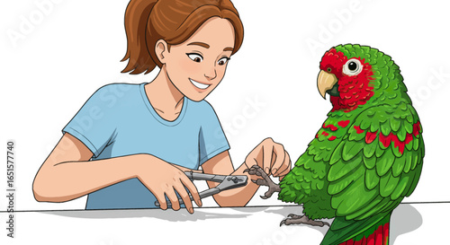 Woman carefully trimming parrot's claws with nail clippers