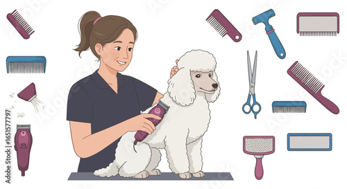 Friendly female pet groomer with a ponytail trimming a fluffy white poodle with clippers.
