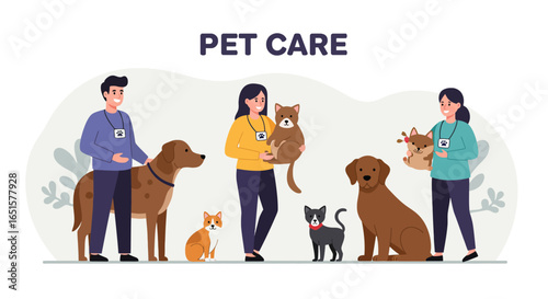 Pet Caregivers with Diverse Animals in Flat Style