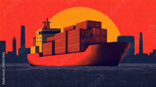 A vibrant illustration of a cargo ship loaded with containers against a sunset backdrop, highlighting maritime transport and urban skyline.