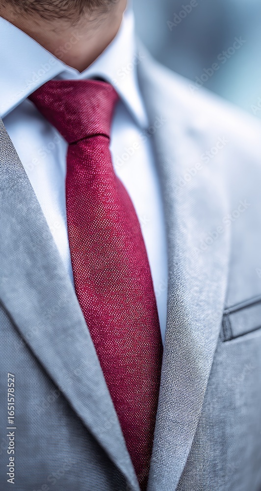 Close-up of a man's light grey suit jacket, crisp white shirt, and a deep burgundy tie, showcasing fine fabric textures and a professional, sophisticated style Close-up of a man's light grey suit jacket, crisp white shirt, and a deep burgundy tie, showcasing fine fabric textures and a professional, sophisticated style